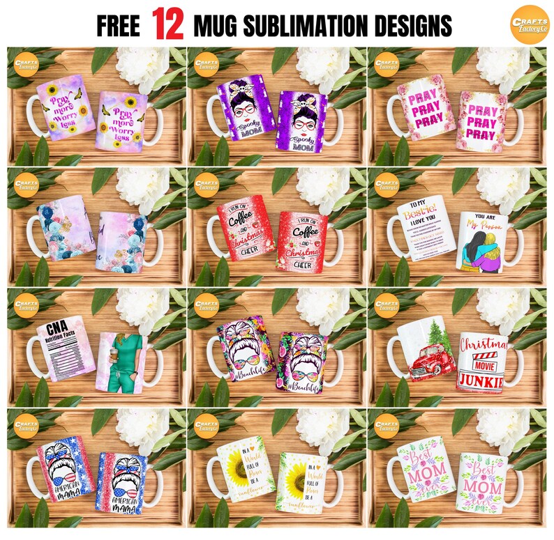 May include: Twelve sublimation designs for mugs, featuring a variety of themes including religious, Christmas, and motivational quotes. The designs are printed on white mugs with a black handle.