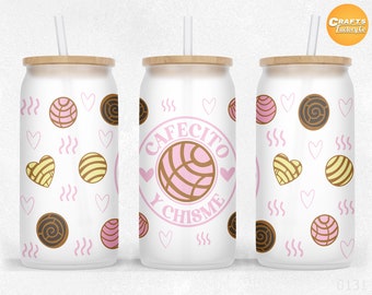 Cafecito y Chisme, 16 Unzen Libbey Glasdose Becher Sublimation, Kaffeedose Glasverpackung, Libby kann Design PNG-Dateien einwickeln