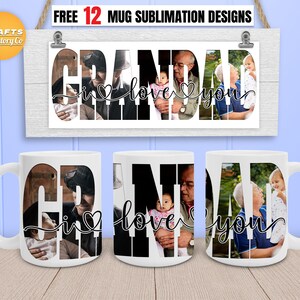 May include: Three white mugs with a black and white design that says "Grandad I love you" with a photo of a grandfather and grandchild in each mug.