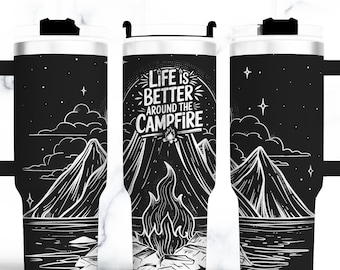 Campfire Tumbler laser engraving files, Camping 40oz tumbler wrap Seamless Designs laser Rotary engraved SVG Files.