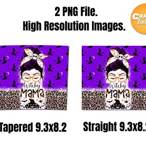 May include: Two digital designs featuring a cartoon witch with a purple bun, glasses, and the text "Witchy Mama". The designs are on a purple background with a leopard print pattern at the bottom. The designs are available in two sizes: 9.3 inches by 8.2 inches.