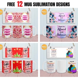 Peut inclure: Douze designs de sublimation pour tasses. Les designs comprennent des motifs floraux, des citations inspirantes et des graphismes sur le th&egrave;me de No&euml;l. Les tasses sont blanches avec une poign&eacute;e.