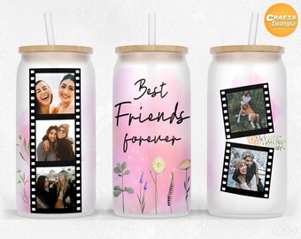 Best friend forever 16 oz Libbey glass can Sublimation Besties forever Photo template Craft Project Libby can wrap Design PNG Files.