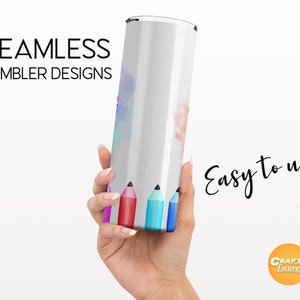 May include: A white stainless steel tumbler with a watercolor design of colorful pencils. The tumbler is seamless and easy to use. The text "CRAFTS Factory Co." is on the bottom right corner of the image.