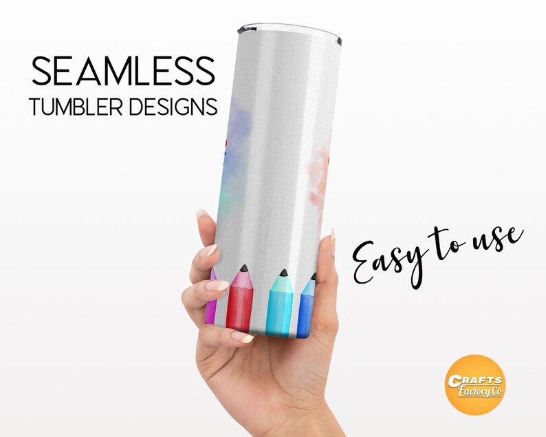 May include: A white stainless steel tumbler with a watercolor design of colorful pencils. The tumbler is seamless and easy to use. The text "CRAFTS Factory Co." is on the bottom right corner of the image.