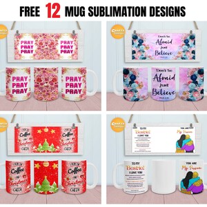 May include: Twelve sublimation designs for mugs. The designs include floral patterns, inspirational quotes, and Christmas-themed graphics. The mugs are white with a handle.