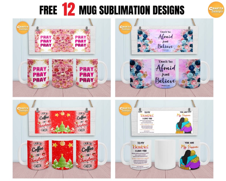 May include: Twelve sublimation designs for mugs. The designs include floral patterns, inspirational quotes, and Christmas-themed graphics. The mugs are white with a handle.