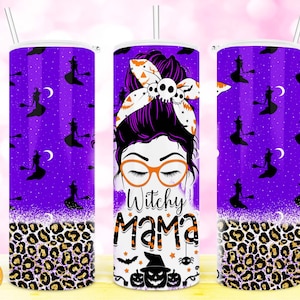 May include: A purple and black tumbler with a witch design and the text "Witchy Mama". The bottom of the tumbler has a leopard print design.