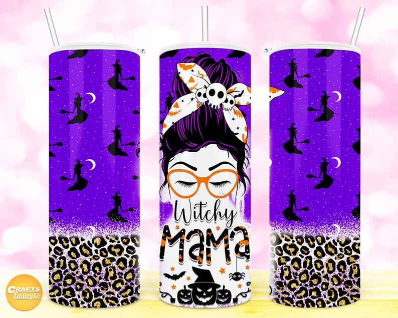 May include: A purple and black tumbler with a witch design and the text "Witchy Mama". The bottom of the tumbler has a leopard print design.