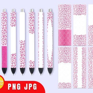 May include: Set of five pink and white leopard print pen designs and four bookmark designs. The pen designs feature a pink glitter accent. The bookmark designs feature a pink glitter accent and a pink diamond pattern.
