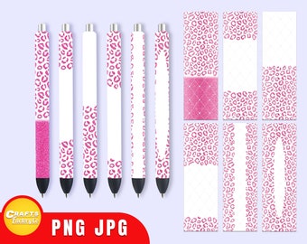 May include: Set of five pink and white leopard print pen designs and four bookmark designs. The pen designs feature a pink glitter accent. The bookmark designs feature a pink glitter accent and a pink diamond pattern.