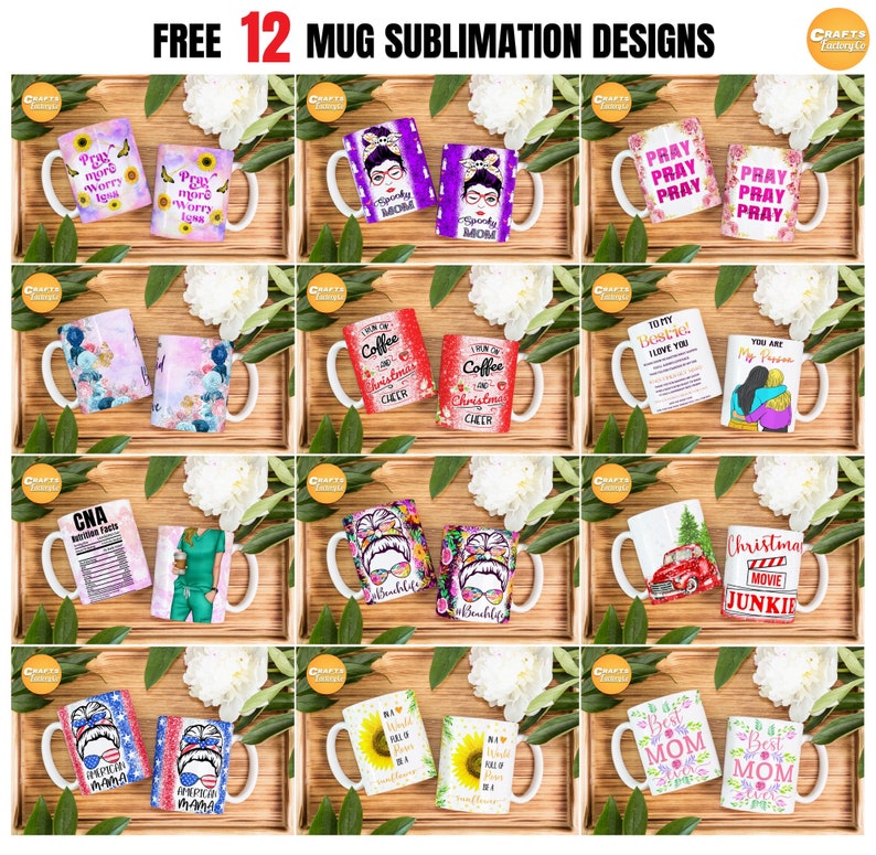 May include: Twelve sublimation designs for mugs, featuring a variety of themes including religious, Christmas, and motivational quotes. The designs are printed on white mugs with a black handle.