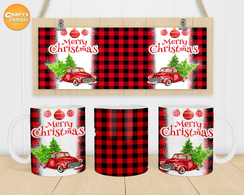 May include: Red and black buffalo check mug with a white background. The mug features a red truck with a Christmas tree in the back. The text "Merry Christmas" is written in white on the mug.