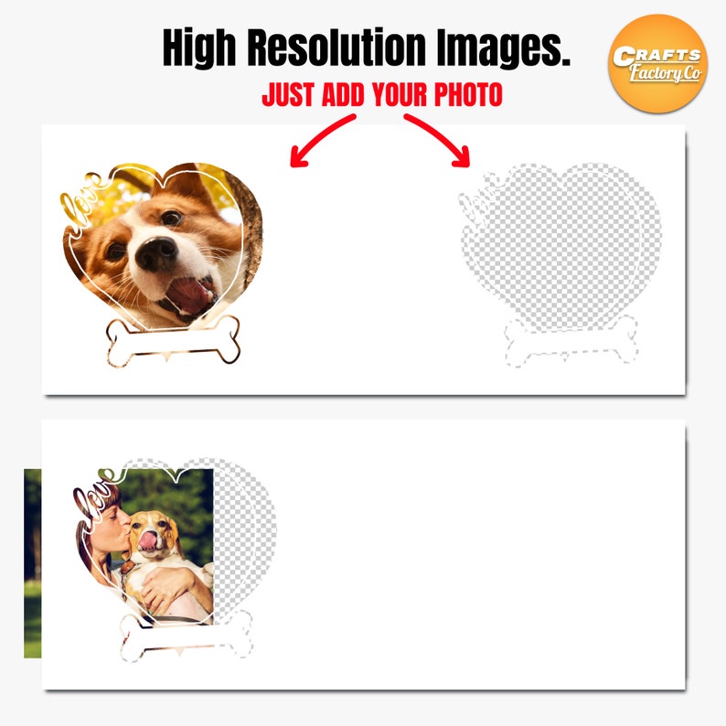 May include: A digital template for a photo frame in the shape of a heart with a bone underneath. The frame is white with a checkered pattern inside. The text "Just Add Your Photo" is above the frame. The template is for a digital download.