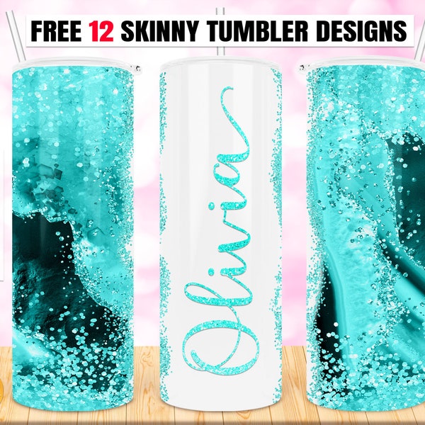 Teal tumbler png, Aqua Blue Agate Glitter tumbler Sublimation Add Your Own Text Name, 20oz Skinny Tumbler Sublimation Digital File PNG.