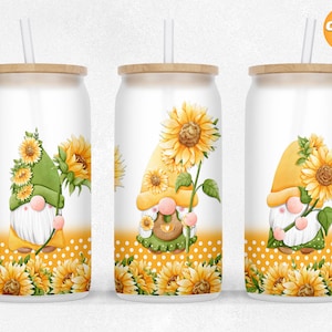 16 oz Libbey Glass Can Tumbler Sublimation, Gnome Sunflower Can glass wrap, libbey glass wrap, Tumbler Wrap Design PNG