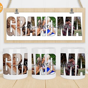 Peut inclure: Trois tasses en céramique blanche avec un design de collage photo représentant le mot "Grand-mère" avec la phrase "Je t'aime" en cursive. Chaque tasse présente une photo différente d'une grand-mère avec ses petits-enfants.