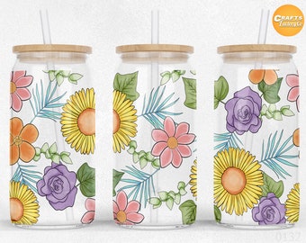 Flower 16 oz Libbey Glass Can Tumbler Sublimation Project Coffee glass Design PNG Files for friends and family gifts.