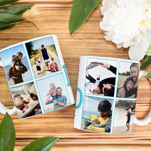 May include: Two white ceramic mugs with handles, each featuring a collage of nine photos printed on the front. The photos depict a father and child in various heartwarming moments.