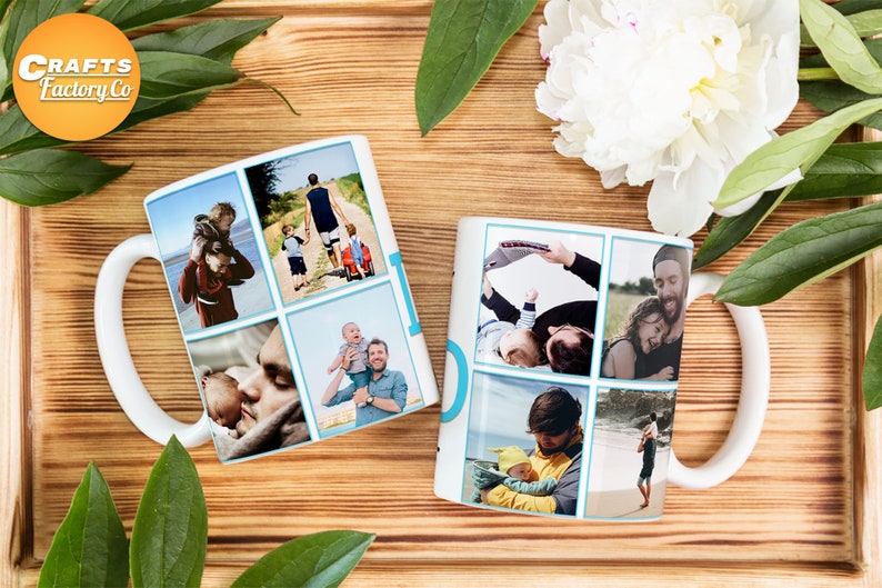 May include: Two white ceramic mugs with handles, each featuring a collage of nine photos printed on the front. The photos depict a father and child in various heartwarming moments.