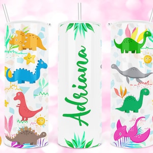 Dinosaur kids tumbler Add Your Own Name, 20oz Skinny Tumbler Sublimation Straight & Tapered Design Digital File PNG Downloads.