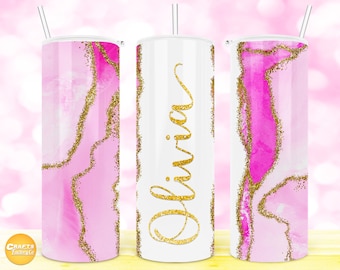 Pink Gold Marmor Glitter Becher Sublimation Fügen Sie Ihren eigenen Textnamen hinzu, 20 Unzen Skinny Tumbler Sublimation Digitale Datei PNG Downloads.