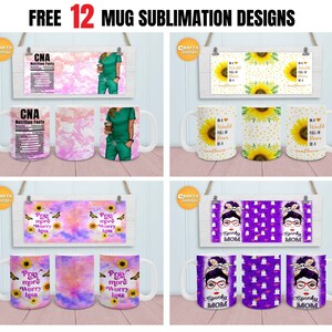 May include: Twelve sublimation designs for mugs. The designs include a sunflower, a nurse, a ghost, and a prayer quote. The designs are all in bright colors and are perfect for adding a personal touch to your mugs.
