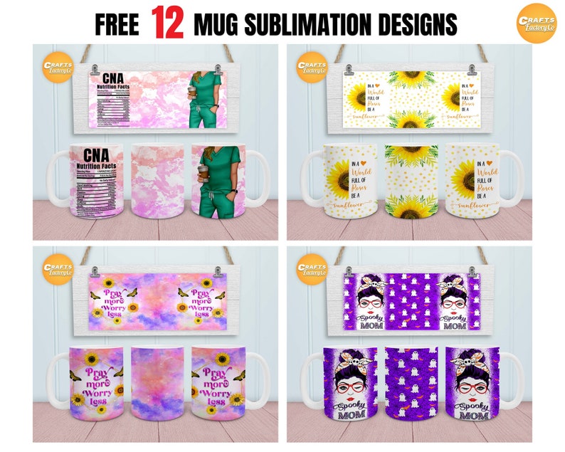 May include: Twelve sublimation designs for mugs. The designs include a sunflower, a nurse, a ghost, and a prayer quote. The designs are all in bright colors and are perfect for adding a personal touch to your mugs.