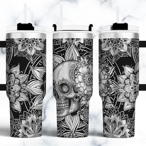 Mandala skull Tumbler laser engraving files, Mandala flower 40oz tumbler wrap Seamless Designs laser Rotary engraved SVG Files.