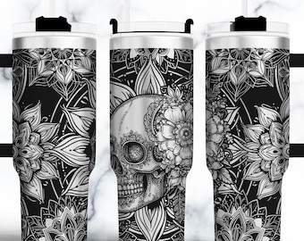 Mandala skull Tumbler laser engraving files, Mandala flower 40oz tumbler wrap Seamless Designs laser Rotary engraved SVG Files.