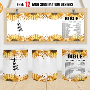 May include: Three white mugs with a design of sunflowers and gold glitter. The mugs have the word "Faith" written on them. One mug has a design of a Bible with the text "Bible Emergency Numbers" and a list of Bible verses for different feelings.