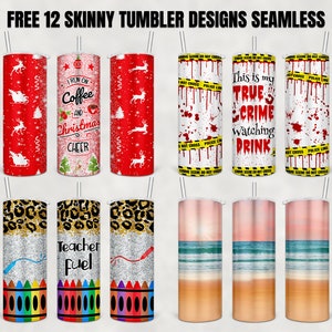 May include: Twelve different designs for skinny tumblers. The designs include Christmas themes, true crime, teacher themes, and beach scenes. The tumblers are all white with a variety of colors and patterns.