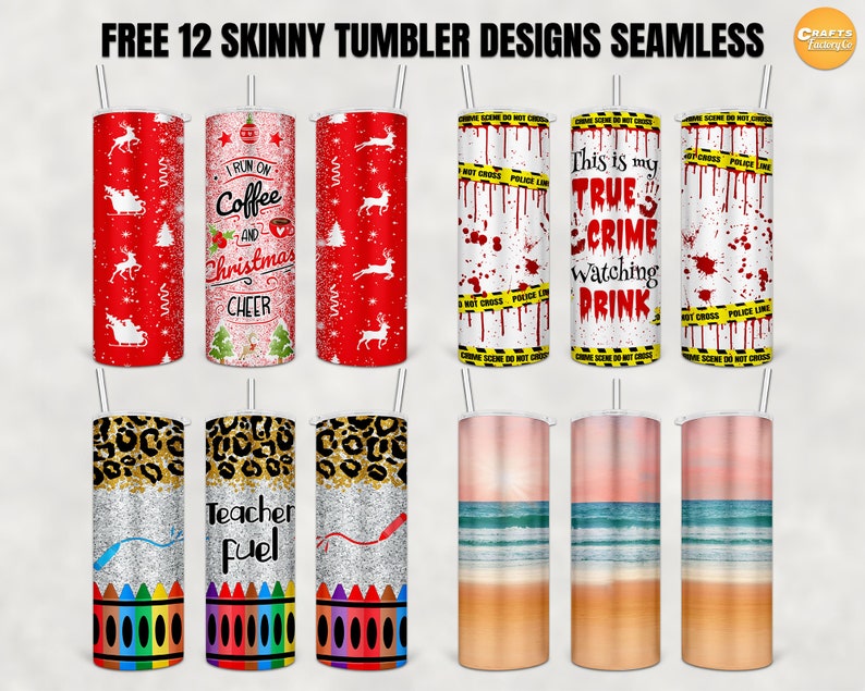 May include: Twelve different designs for skinny tumblers. The designs include Christmas themes, true crime, teacher themes, and beach scenes. The tumblers are all white with a variety of colors and patterns.