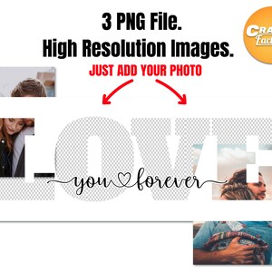 May include: A digital graphic design template with the word "LOVE" in white letters with a checkered pattern background. The letters are cut out to reveal a space for a photo. The text "you forever" is written in black cursive script below the word "LOVE".