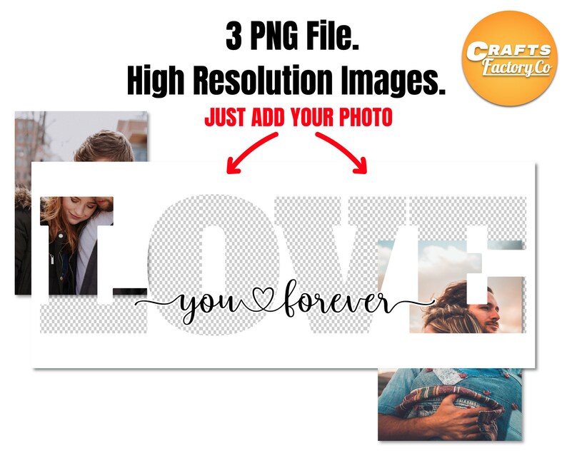 May include: A digital graphic design template with the word "LOVE" in white letters with a checkered pattern background. The letters are cut out to reveal a space for a photo. The text "you forever" is written in black cursive script below the word "LOVE".