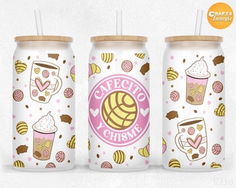 Cafecito y Chisme 16oz Libbey glass can Sublimation Mexican Conchas Craft Project Libby can wrap PNG Files Digital Download.