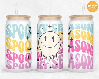 Spöksäsong 16 oz Libbey glasomslag sublimeringspysselprojekt Halloween burk glasburkomslag design PNG-filer.