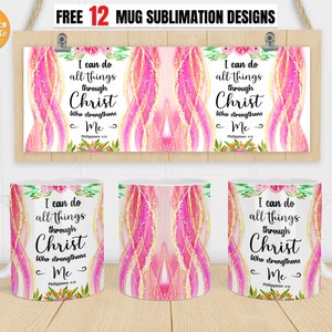 Peut inclure: Ensemble de trois tasses blanches avec un motif aquarelle rose et or. Les tasses pr&eacute;sentent la citation "Je peux tout faire par le Christ qui me fortifie" avec une r&eacute;f&eacute;rence &agrave; un verset biblique.