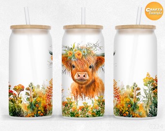 Highland Cow and flower 16 oz Libbey Glass Can Sublimation Project Coffee glass tumbler Design PNG Files for friends and family gifts.