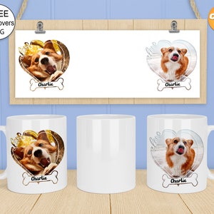 May include: Three white ceramic mugs with a design of a dog in a heart shape with the word "love" and the dog's name "Charlie" printed on the mug.