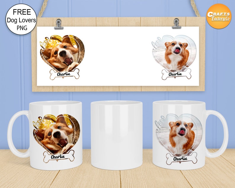 May include: Three white ceramic mugs with a design of a dog in a heart shape with the word "love" and the dog's name "Charlie" printed on the mug.