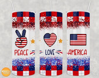 4th of july tumbler wrap | Peace love america tumbler | 20oz Skinny Sublimation Tumbler Design Png Digital File Instant Download.
