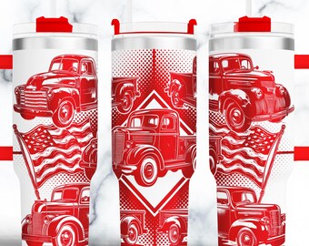 May include: Red and white stainless steel tumbler with a design of vintage red pickup trucks and American flags. The tumbler has a lid and a straw.