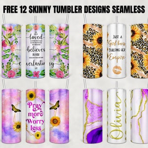 May include: Twelve different designs for skinny tumblers. The designs include floral patterns, sunflowers, leopard print, butterflies, galaxy backgrounds, marble patterns, and inspirational quotes. The tumblers are all stainless steel and have a gold glitter accent.