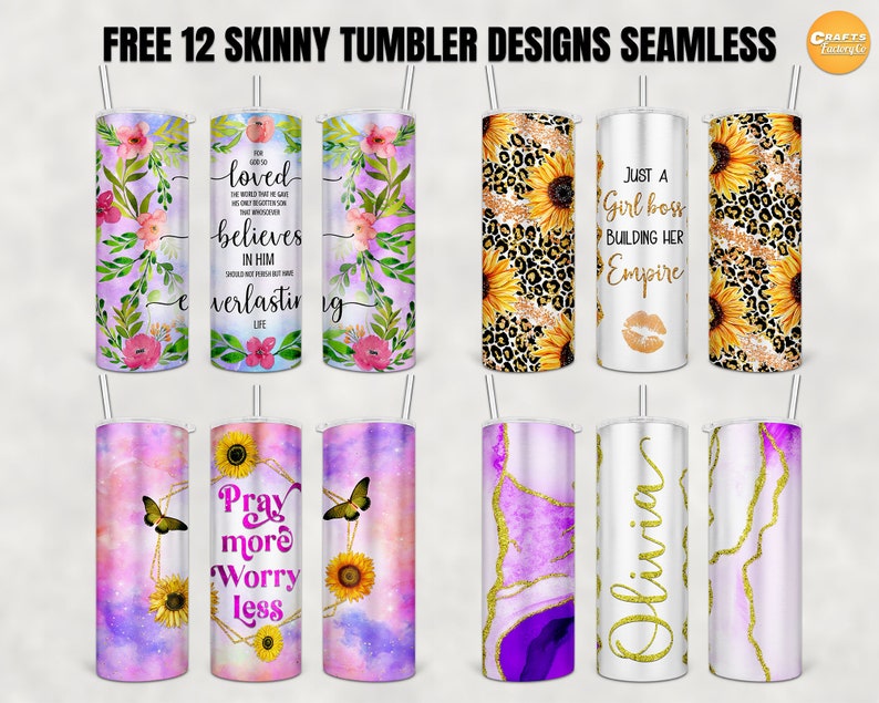 May include: Twelve different designs for skinny tumblers. The designs include floral patterns, sunflowers, leopard print, butterflies, galaxy backgrounds, marble patterns, and inspirational quotes. The tumblers are all stainless steel and have a gold glitter accent.