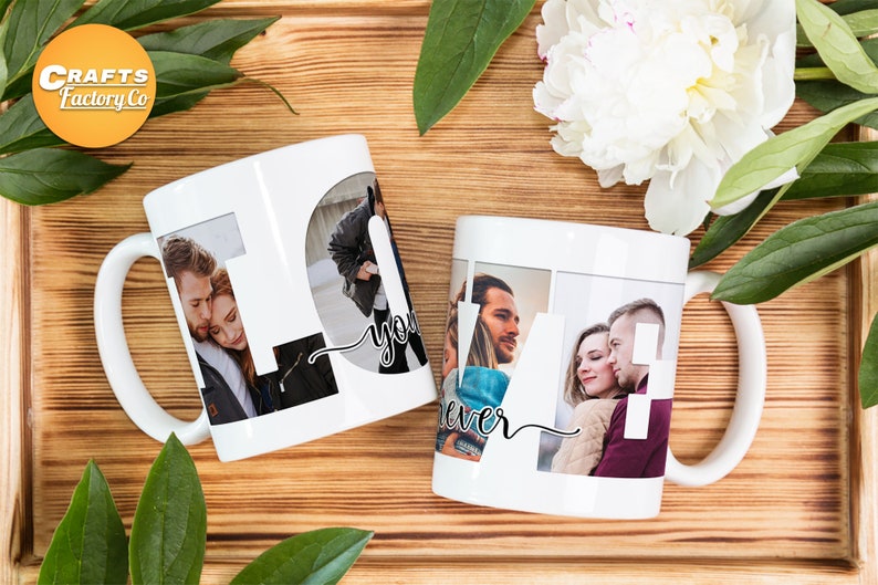 May include: Two white ceramic mugs with handles. Each mug has a photo collage of a couple in the shape of the word "LOVE". One mug says "LOVE you" and the other says "LOVE forever".