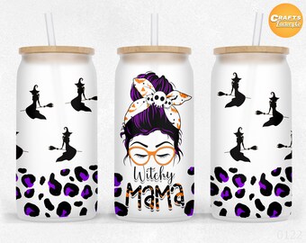Witchy Mama, 16 oz libbey glass can tumbler sublimation, Halloween leopard glass can png, Messy bun libby can wrap Design PNG Files