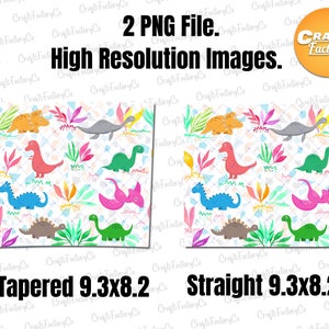 May include: Two digital paper designs featuring a repeating pattern of colorful dinosaurs on a white background with a geometric pattern. The designs are labeled "Tapered 9.3x8.2" and "Straight 9.3x8.2".