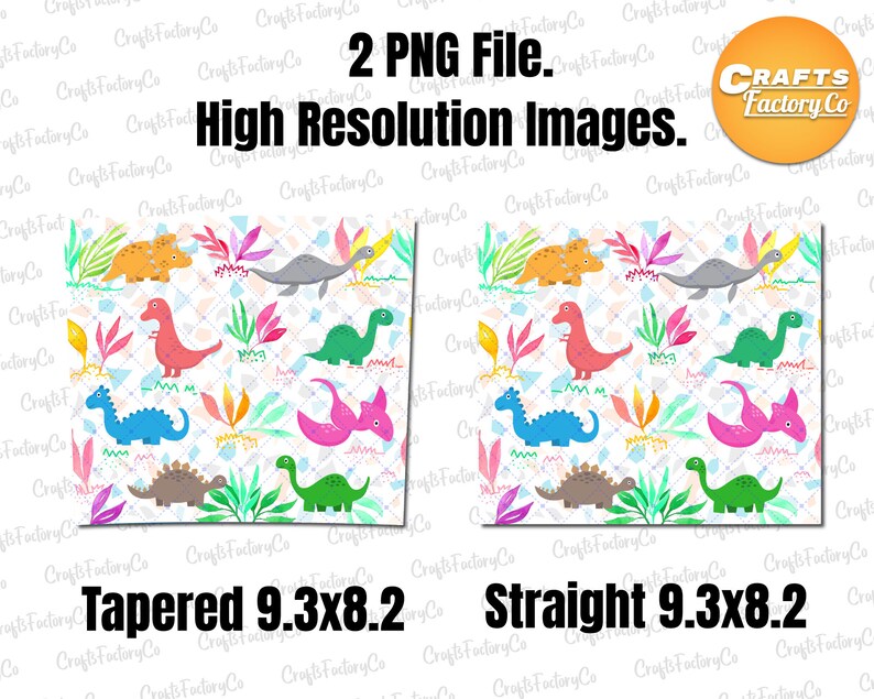 May include: Two digital paper designs featuring a repeating pattern of colorful dinosaurs on a white background with a geometric pattern. The designs are labeled "Tapered 9.3x8.2" and "Straight 9.3x8.2".
