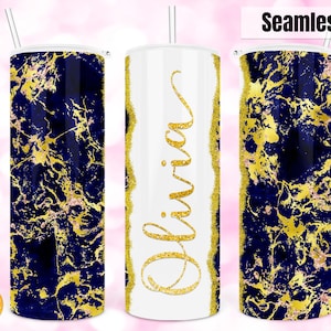 Blue Gold Marble Glitter tumbler Sublimation Add Your Own Text Name, 20oz Skinny Tumbler Sublimation Digital File PNG Downloads.